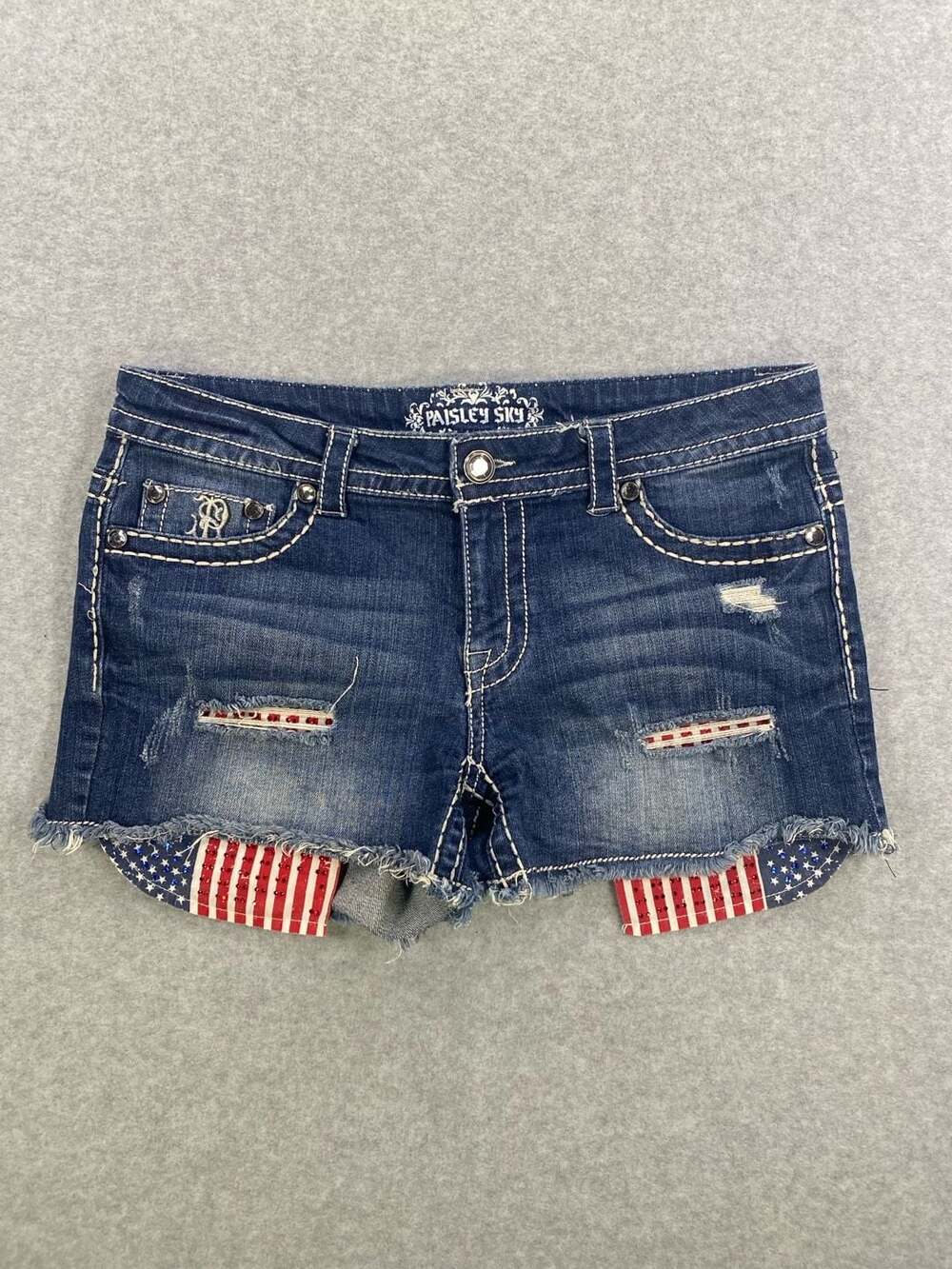 Paisley Sky Denim Shorts with American Flag Patch and Rhinestone Embellishments - Picture 1 of 9